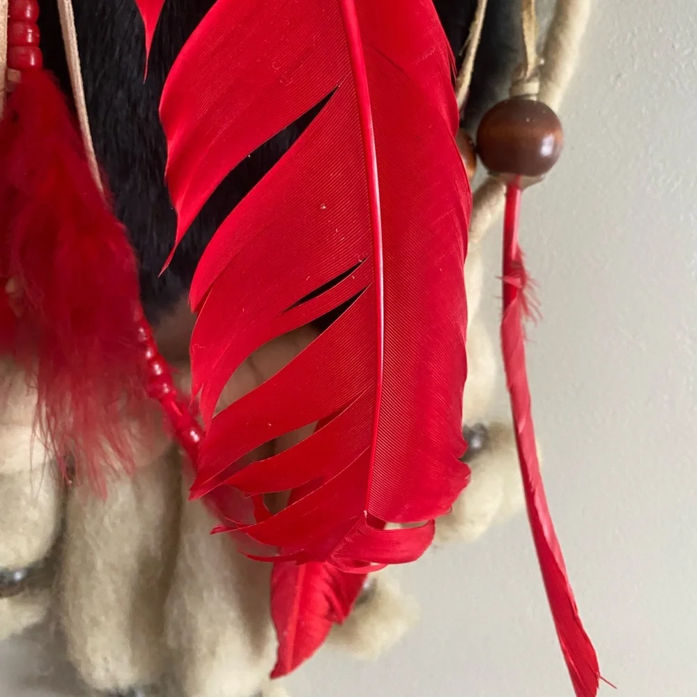 RARE INDIAN VINTAGE LARGE HANDMADE DREAM CATCHER Fur Feather Native Boho 12x18 - Picture 4 of 13